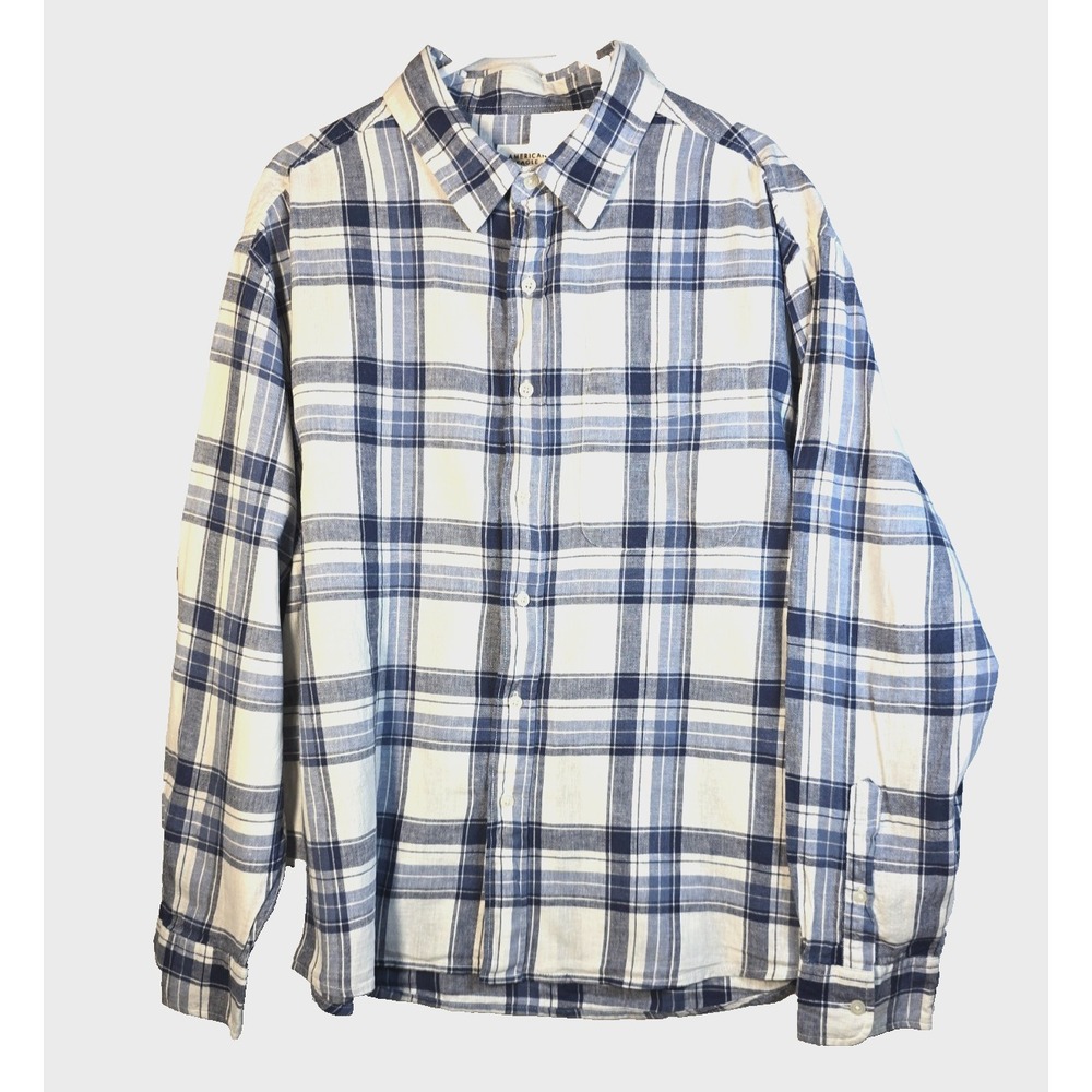 American Eagle Mens Shirt L Relaxed Fit Blue & White Plaid Linen/Cotton